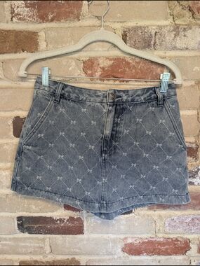 Denim Mini Skirt with Allover Diamond Embroidery - Gray Wash
